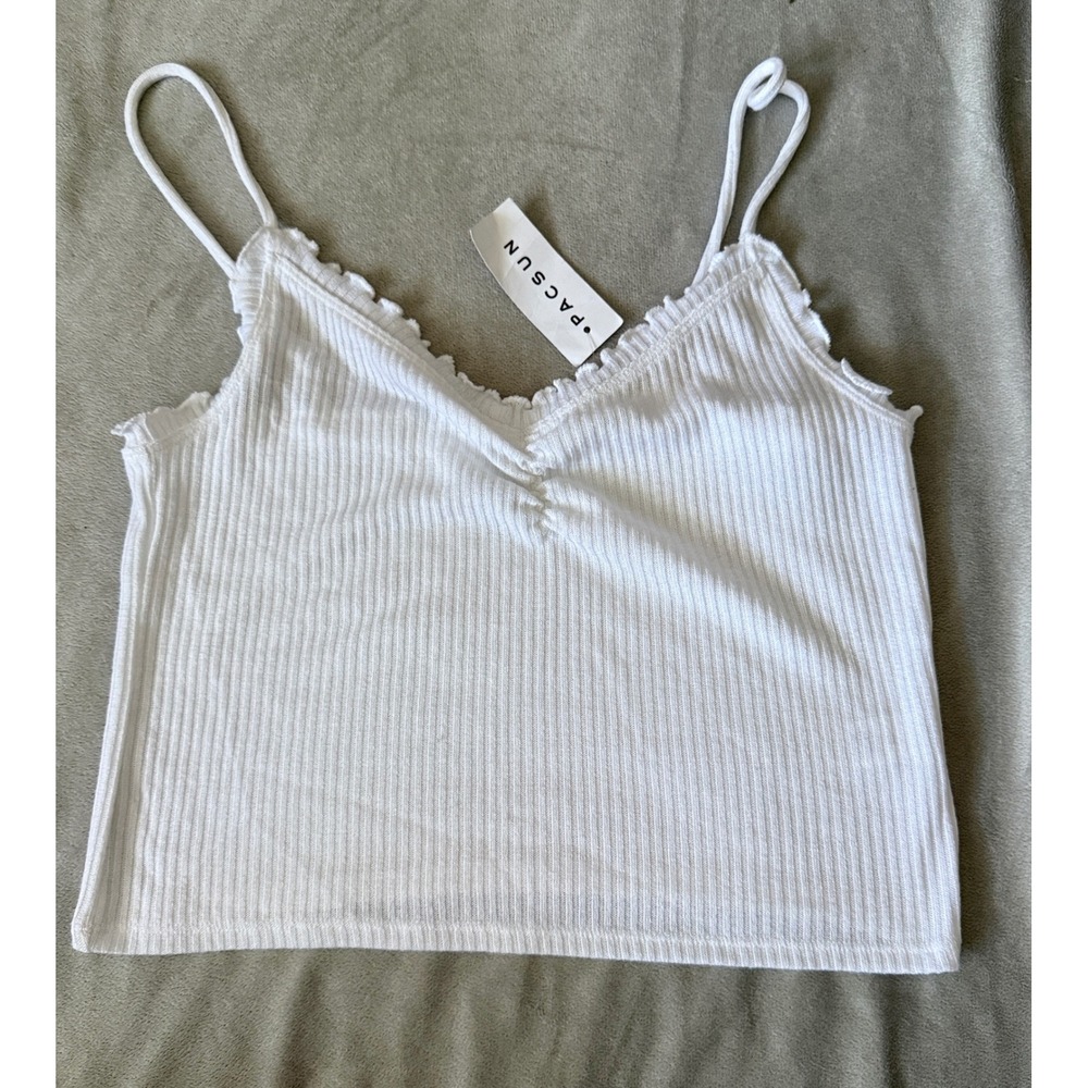 PacSun Me To We Cami Top Women Medium White New Ribbed Lettuce Trim 0188